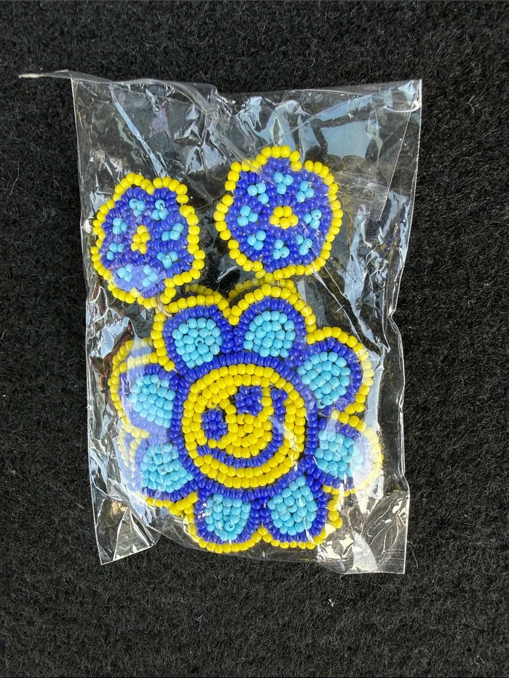 Handmade Blue & Yellow Beaded Flower Earrings - Smiley Design